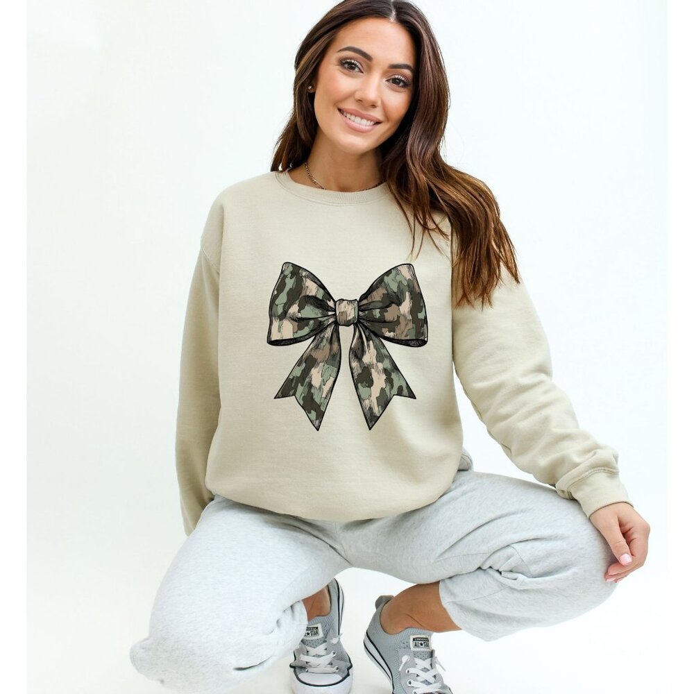 Cute Coquette Camo Bow Crewneck Sweatshirt In Sand For Women Gift Idea